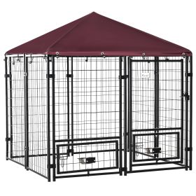 Outdoor Dog Kennel with Rotating Bowl Holders, Walk-in Pet Playpen, Wire Steel with Water and UV-Resistant Canopy- 5' x 5'