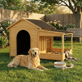 Insulated Wooden 60.2" Large Outdoor Dog House with Porch, Medium/ Large Dogs