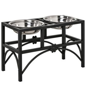 Double Stainless Steel Heavy Duty Dog Food Bowl Elevated Pet Feeding Station (Option: Black-450x225x285 mm)