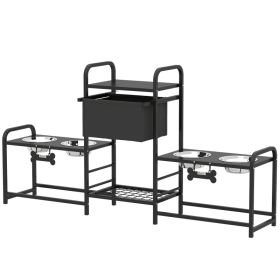 Adjustable Dog Bowl Stand with 2 Feeding Stations, Toy Bin Basket, Black - 3 Height (Option: Black-520x310x195 mm)