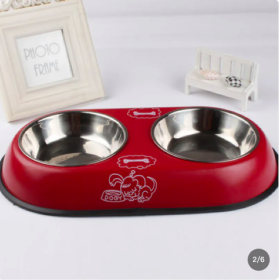 Stainless Steel Double Dog Bowl (Color: Red)