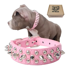 IronPaw Premium Leather Spiked Studded Dog Collar for Small/Medium/Large Dogs (Color: Pink, size: S(10.8"-13.2" / 27.5cm-33.5cm))