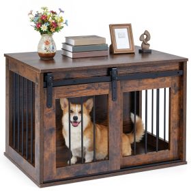 TimberHaven Modern Sliding Barn Door Dog Crate Furniture (Color: Rustic Brown)