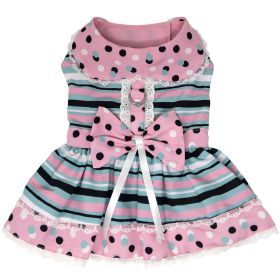 DoggieDesign Dots & Stripes Harness Dress (Color: Pink & Teal, size: X-Small)